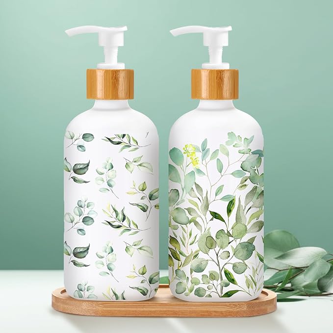 Potchen 2 Pack Glass Soap Dispenser Set Bathroom Decor Housewarming Gift Glass Soap Dispenser with Pump Wood Tray Home Decoration for Kitchen Bathroom (Eucalyptus)