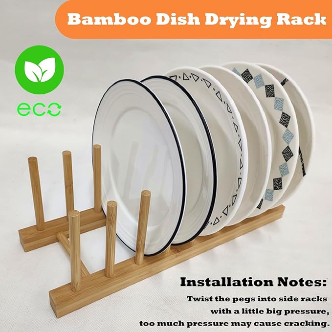 Bamboo Dish Drying Rack Kitchen Cabinet Organizer, Plate Pot Lid Organizer, Wooden Drying Rack Stand Drainer for Dish, Pots, Lids, Bowls, Cups, and Cutting Boards and Books (1PCS)