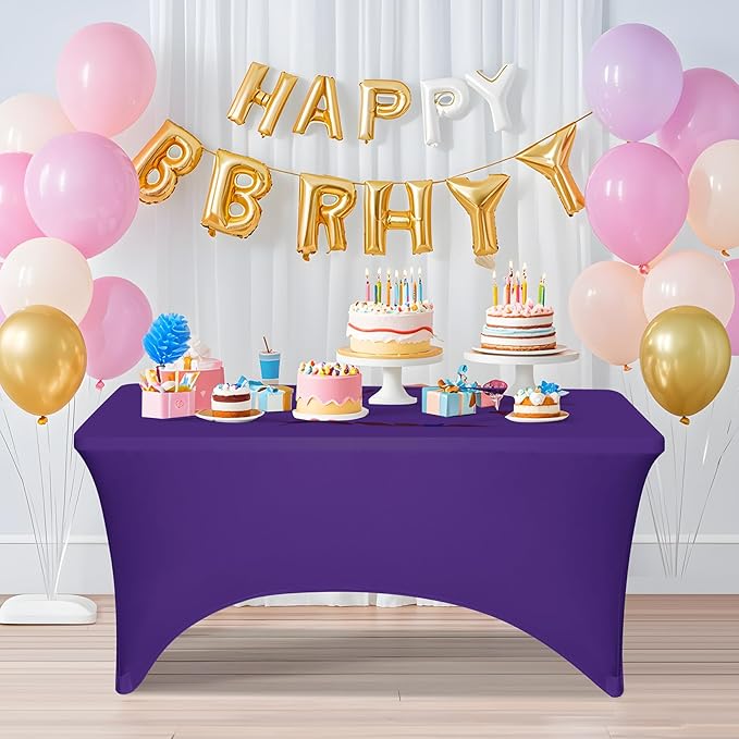 2 Pack 6 Feet Purple Spandex Tablecloth for Rectangular Tables, Fitted & Stretch, Washable, Wrinkle Resistant, Perfect for Event, Wedding, Party, Banquet, Cocktail, Festival, and Table Protector