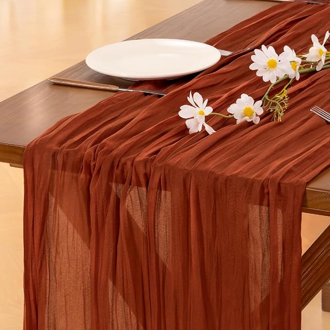 Socomi 2pcs Terracotta Summer Cheesecloth Table Runner Boho Rustic Gauze 120 inch 10FT Cheese Cloth Sheer Runner for Wedding Party Baby Shower Birthday Home Decor Holiday Decorations