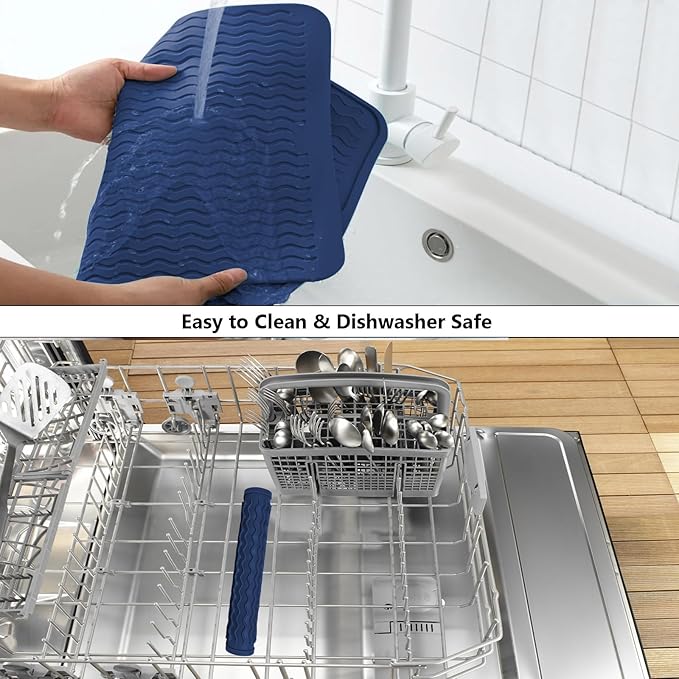ZLR Silicone Dish Drying Mat 12" x 12" Square - Small Heat Resistant Trivet & Countertop Protector for Air Fryer, Coffee Maker - Waterproof Kitchen Drain Pad for Cups, Fruit (Midnight Blue)
