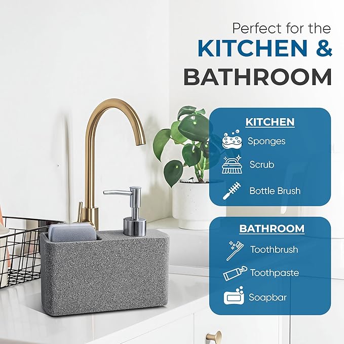 Havara Kitchen Soap Dispenser with Sponge Holder for Kitchen Sink, Hand Soap Pump & Sink Organizer, Granite Resin Non-Slip Countertop Caddy, Stone Gray