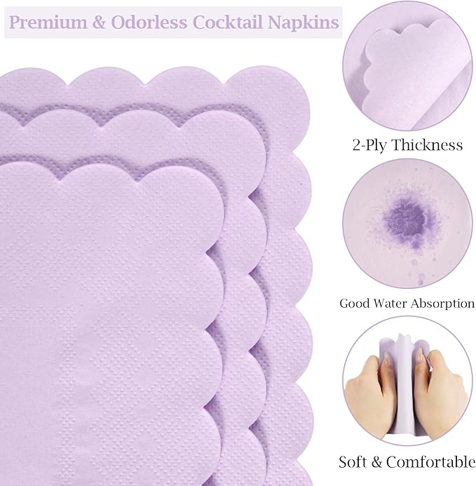 100 Pcs Cocktail Napkins, 2-Ply 5 x 5 Inches Disposable Scalloped Napkins, Thick Premium Dessert Napkins for Party, Wedding, Dinner, Birthday, Anniversary, Festival (Light Purple)
