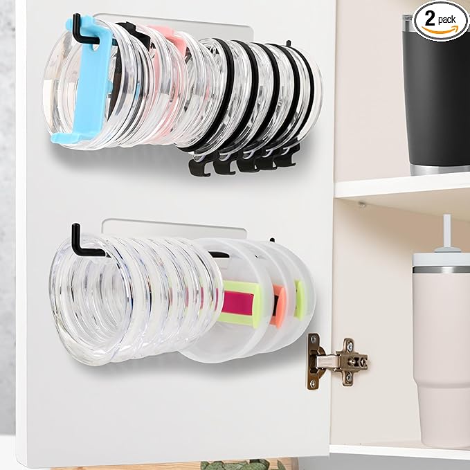 2 Pack Tumbler Lid Organizer, Over Cabinet Door Cup Lid Organizer, Self-Adhesive Tumbler Lid Hook, Tumbler Lid Holder for Kitchen Organizers and Storage
