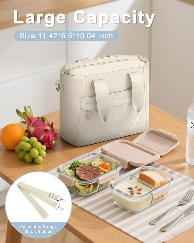 Insulated Lunch Box for Women & Men - Large Thermal Lunch Bag Women with Removable Shoulder Strap, Reusable Lunch Cooler Tote Bags Purse for Adults Work, Picnic, Hiking, Beach, Travel, Medium，White