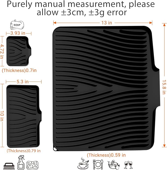 Silicone Dish Drying Mat for Kitchen Counter, Dish Drying Pad, Non-Slip Drain Pad with Built-in Drain, Heat Resistant Stone Drying Mat,Black-1Set