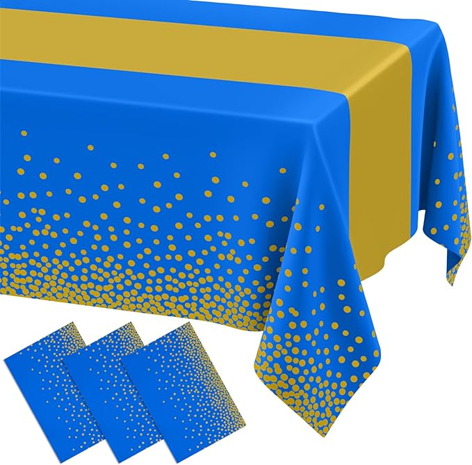 Smiry Plastic Table Cloth Disposable 3 Pack, 54 x 108 Inch Rectangle Waterproof Tablecloth, Printed Gold Table Runner Style for Birthday Weeding, Party Decorations, Leakproof & Sturdy, Blue and Gold