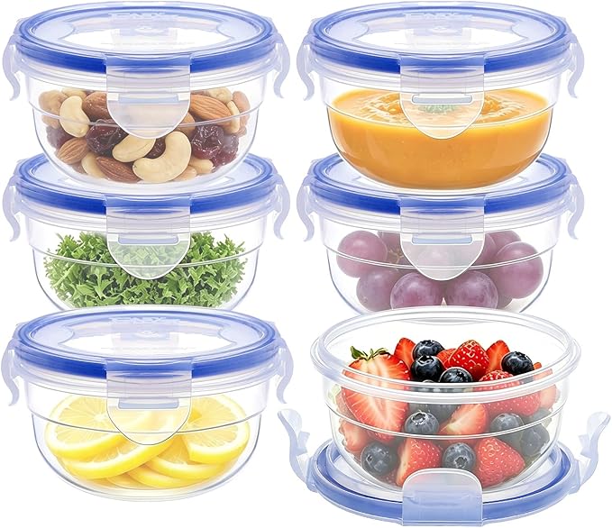 KIGI Round Food Storage Containers, Leak-Proof, Airtight & Watertight Small Plastic Bowls for Snacks, Meal Prep and Lunch, Freezer Safe, 4-Sided Locking Lids, BPA-Free,10 oz / 1.25 Cup,12 Piece Set