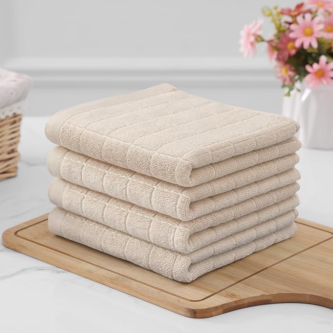 Homaxy 100% Cotton Terry Kitchen Towels(Beige, 13 x 28 inches), Checkered Designed, Soft and Super Absorbent Dish Towels, 5 Pack