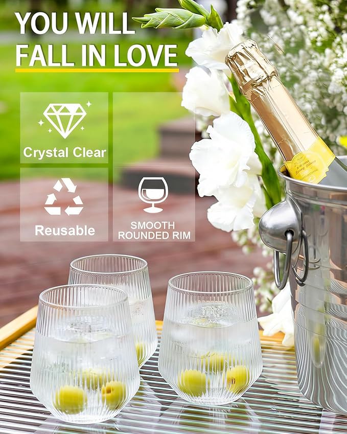 Maaacute 40 Pack Ribbed Plastic Wine Glasses, Ripple Disposable Stemless Wine cocktail Whiskey Champagne Glasses, 12 Oz Clear Unbreakable Cups for Party,Indoor,Outdoor,Wedding,Bars,Tasting