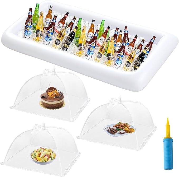 HBlife Inflatable Serving Bar & Mesh Food Cover Combo Set, Party Supplies for Buffet Food Drink Outside, 1 Inflatable Cooler, 3 Food Tents/Food Covers for Outdoors