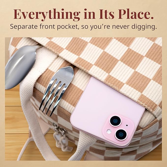 LOVELYWIND Insulated Brown checkered Lunch Bag for Women, Corduroy Tote with Aluminum Lining, Large Capacity Reusable Cooler for Work, Travel, Beach or Picnic, Checkered Water-Resistant Lunch Box