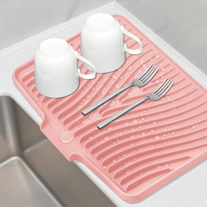 Silicone Dish Drying Mat for Kitchen Counter, Dish Drying Pad, Non-Slip Drain Pad with Built-in Drain, Heat Resistant Stone Drying Mat(16" x 12", Pink)