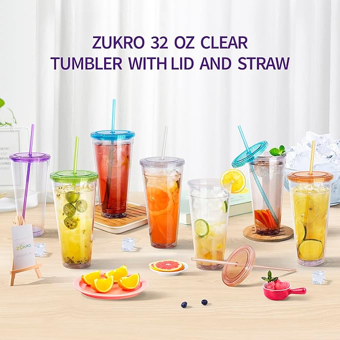 Zukro Clear Acrylic Tumbler with Straw and Lid 32 oz, Double Walled Insulated Reusable Plastic Iced Coffee Cup, To Go Cup Perfect for Parties, Birthdays, Fit in Cupholder, BPA Free, Red & Blue 2 Pack