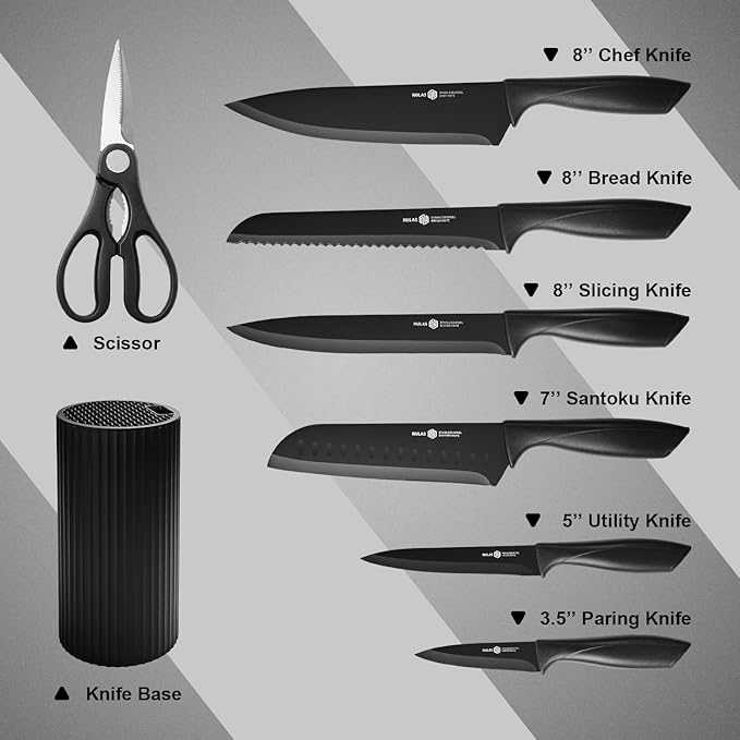 Knife Set, 8-Piece Kitchen Knife Set with Universal Block - Anti-Rust Chef Knives, Ergonomic Design, Dishwasher Safe (Black)