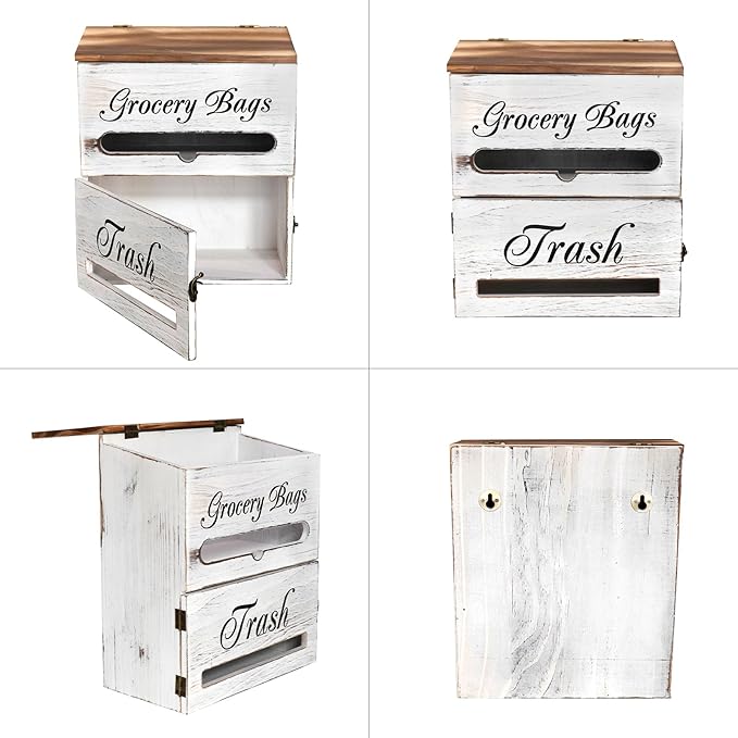 2 in 1 Trash Bag Dispenser, Double Wall Mounted,Wood Trash Bag Holder, used in kitchen, garage, laundry room, can store Environmentally friendly food bags (Vintage/Large(10inch*5.5inch*12.2inch）)