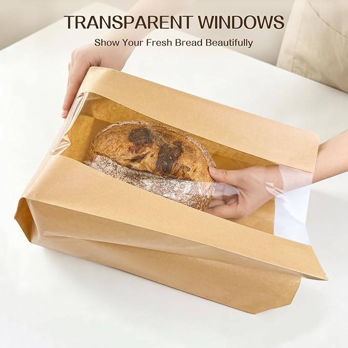 Tripho 100 Pcs Bread Bags for Homemade Bread with Clear Window & 120 Stickers, Sourdough Bread Bags for Storage of Bread,Cookies & Snacks, Large Bakery Paper Bags