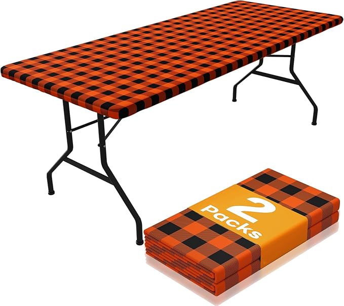 Smiry Picnic Table Cloth 2 Pack, Waterproof Elastic Fitted Tablecloths for 8FT Rectangle Tables, Washable Polyester Buffalo Plaid Tablecloth for Camping, Dining & Outdoor (Black & Orange, 30" x 96")