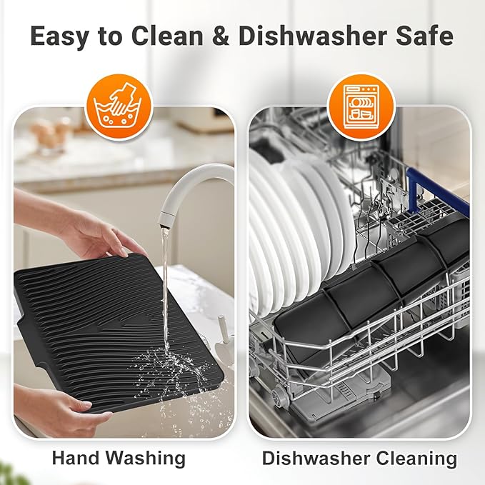 Silicone Dish Drying Mat for Kitchen Counter, Non-Slip Drain Pad, Dish Drying Pad, Easy to Clean Dish Rack Pad, Multi-Use as Heat Resistant Trivet, 19.7" x 17" , Black
