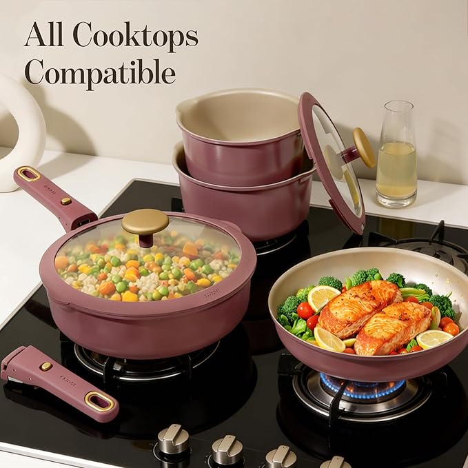 CAROTE 18Pcs Pots and Pans Set, Nonstick Cookware Set Detachable Handle, kitchen Pan Set, Induction kitchen cookware Non Stick, RV Cookware Set, Oven Safe, Red