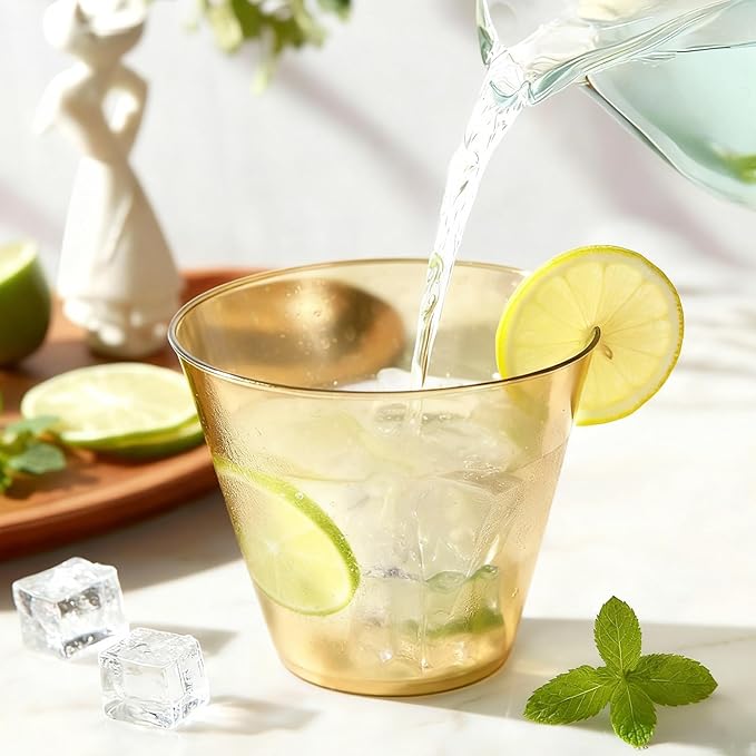 9 oz Clear Plastic Cups Glod Plastic Disposable Cups for Cocktail 50 Pack Fancy Cocktail Cup for Party Stemless Wine Glasses for Party Wedding Graduation Birthday World Cup