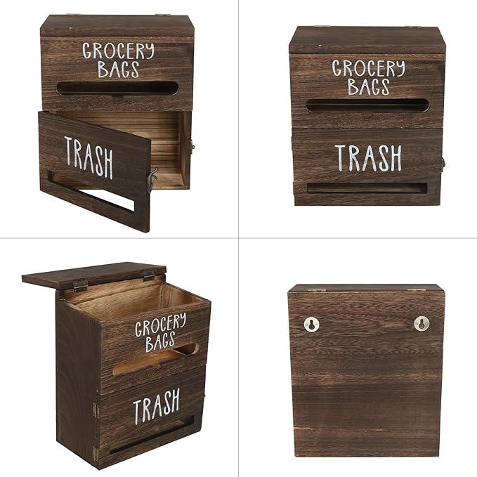 2 in 1 Trash Bag Dispenser, Double Wall Mounted,Wood Trash Bag Holder, used in kitchen, garage, laundry room, can store Environmentally friendly food bags and garbage bags(Dark Wood