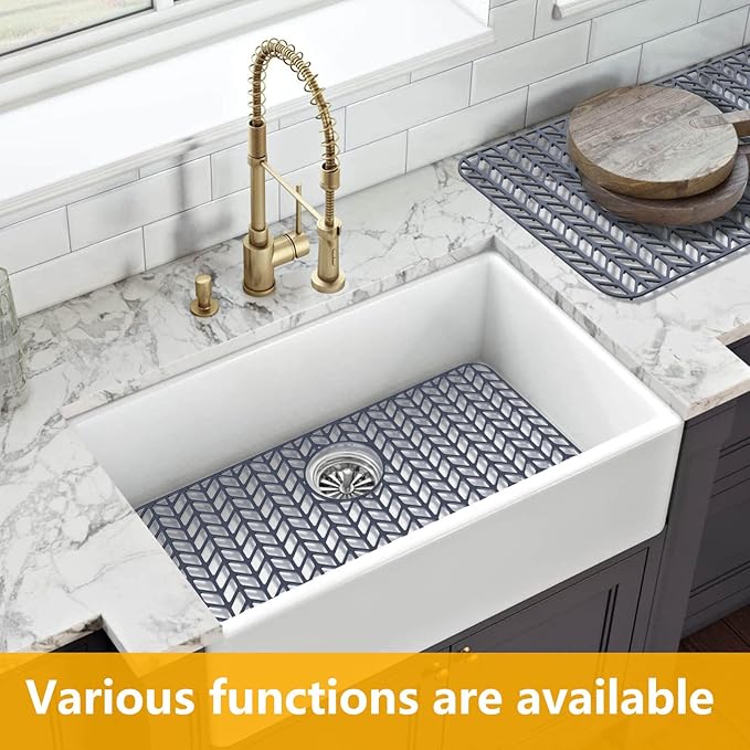Sink Protectors for Kitchen Sink 12"13"16"18"19"24"26"28"29"30",Silicone kitchen sink mats protector for bottom of farmhouse sink(26"x14"Rear Drain Gray)
