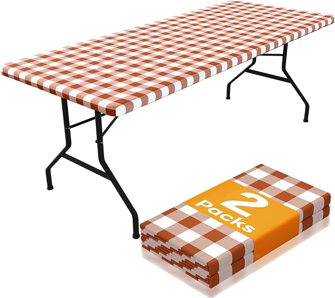 Smiry Picnic Table Cloth 2 Pack, Waterproof Elastic Fitted Tablecloths for 8FT Rectangle Tables, Washable Polyester Buffalo Plaid Tablecloth for Camping, Dining & Outdoor (Rust & White, 30" x 96")