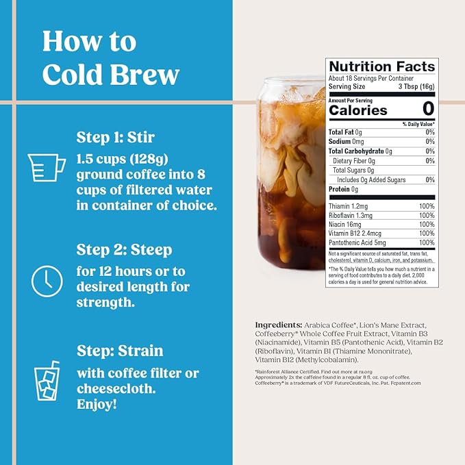 Bulletproof High Achiever Mushroom Cold Brew Coffee, Coarse Ground with Lion's Mane, B Vitamins & Adaptogens, Energy and Focus, Medium-Dark Roast, 10 oz