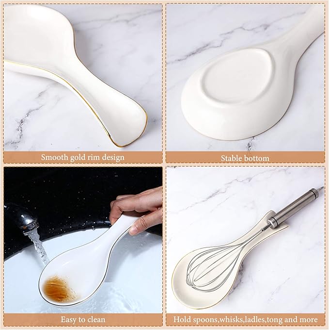 Patelai Ceramic Spoon Rest Spoon Holder Stovetop for Kitchen Stove Coffee Bar Accessories Christmas Gift(White with Gold Brim,Classic Style)