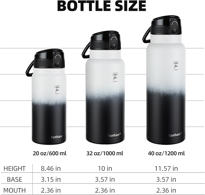 Fanhaw 32 Oz Insulated Stainless Steel Water Bottle with Chug Lid – Wide Mouth, Leak-Proof, BPA-Free – Ideal for Kids, Adults, Sports, Gym, and Outdoor Use (White Black)