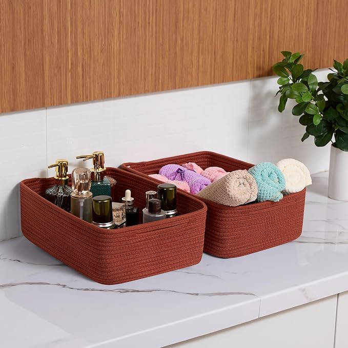 MiniArk Large Shallow Organizing Baskets 15x11x5.1 Inches - Rope Woven Storage Bins for Bathroom, Shelves, Cube Closet, Red 2 Packs