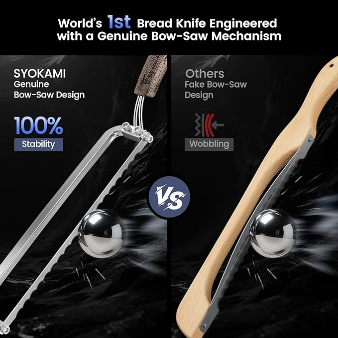SYOKAMI Left-Handed Bread Knife for Homemade Bread, World's 1st Real Bow-Design Sourdough Bread Slicer, Razor-Sharp Cutter for Crusty Sourdough & Baguette, 4 Thickness Scale Marks, Ideal for Gift