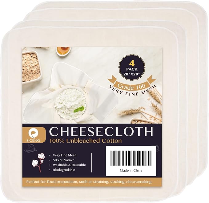 Precut Cheesecloth, 20 x 20'' 4 Pack, Grade 100, Ultra Fine Cheese Cloth for Straining & Cooking, 100% Unbleached Cotton Cloth for Making Cheese