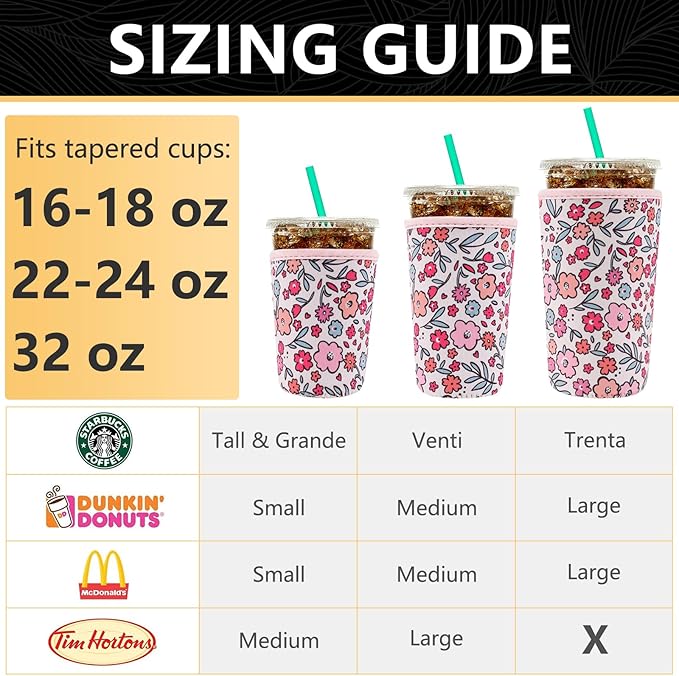 YR Reusable Neoprene Insulator Sleeve for Iced Coffee Cups, 3 Pack Coffee Coolies sleeves for Iced & Hot Drinks, Cold Beverage Cooler Compatible with Starbucks Coffee and More (Pink Floral Garden)
