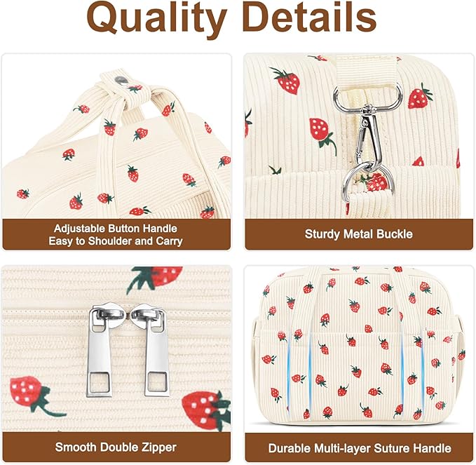 KUBYA Corduroy Lunch Box Lunch Bag for Women Men, Cute Strawberry Small Insulated Reusable Work Leakproof Simple Lunch Boxes Tote Bag Adults Cooler Bag