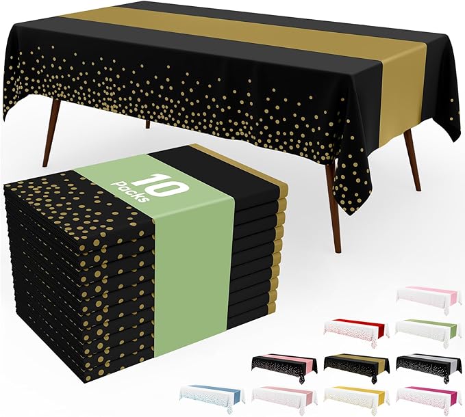 Smiry Plastic Table Cloth Disposable 10 Pack, 54 x 108 Inch Rectangle Waterproof Tablecloth, Printed Gold Table Runner Style for Birthday Weeding, Party Decorations, Leakproof & Sturdy, Black and Gold