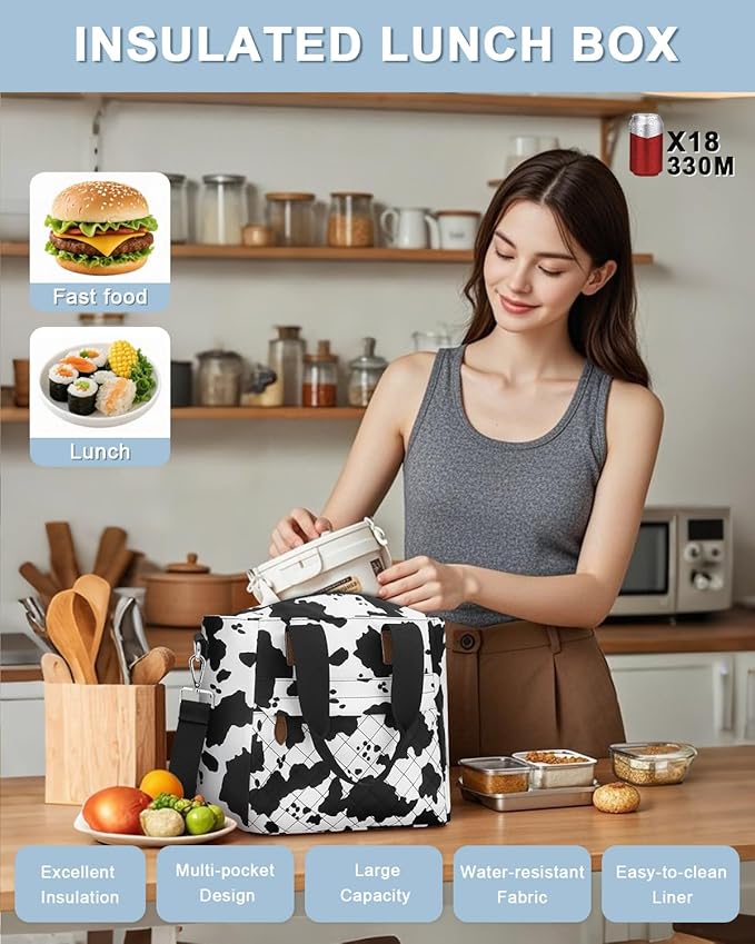 Insulated Lunch Box for School - Large Thermal Lunch Bag Women with Removable Shoulder Strap, Reusable Lunch Cooler Tote Bags Purse for Adults Work, Picnic, Hiking, Beach, Travel, LargeCowprint