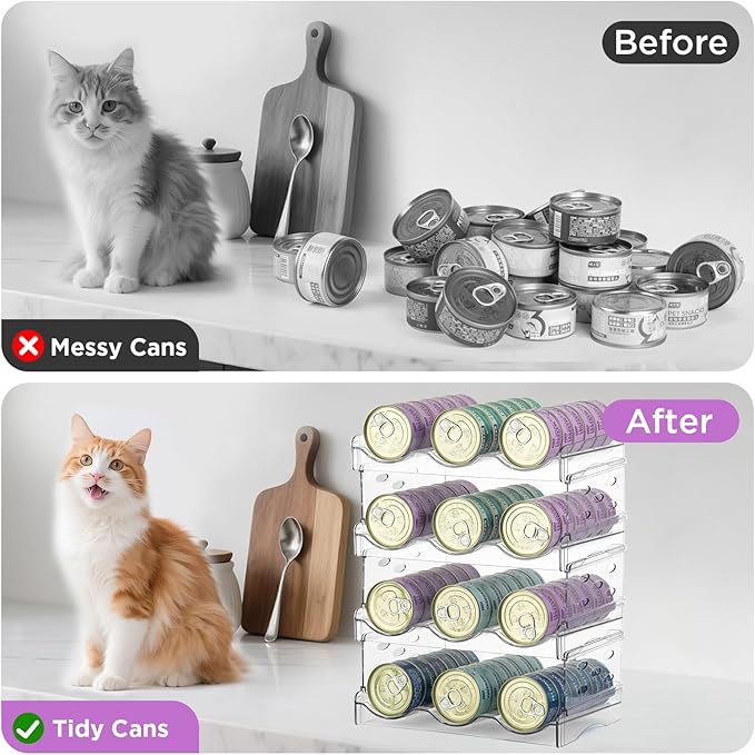 Large Cat Food Can Organizer – 4-Tier Holds 72 Cans (3oz–12.5oz), Clear Acrylic Mold-Proof Stackable Storage, Canned Food Pantry Organizer for Multi-Cat Households, Kitchen & Countertop (4 Layers)