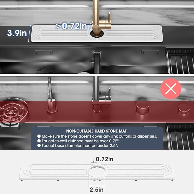Quick Drying Stone Faucet Mat for Kitchen Sink - Diatomite Sink Mat Absorbing Stone Tray for Bathroom Counter, Sink Faucet Splash Guard Water Protector Matt for Kitchen Counter(White, 14" x 3.9")