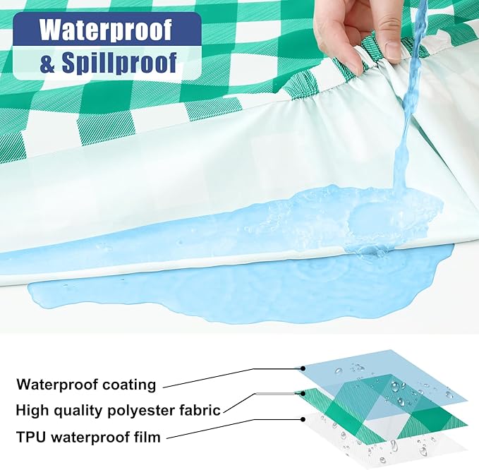 Smiry Picnic Table Cloth 2 Pack, Waterproof Elastic Fitted Tablecloths for 6FT Rectangle Tables, Washable Polyester Buffalo Plaid Tablecloth for Camping, Dining & Outdoor (Green & White, 30" x 72")