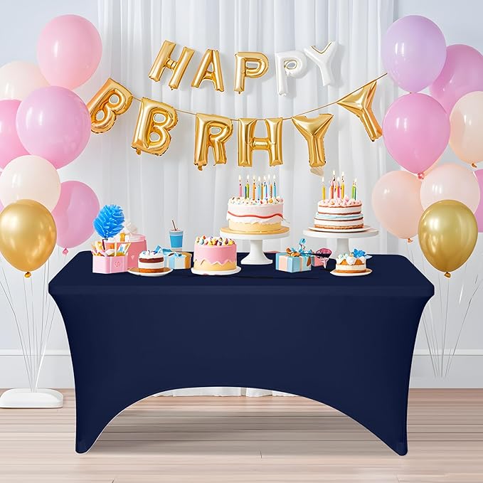2 Pack 6 Feet Navy Spandex Tablecloth for Rectangular Tables, Fitted & Stretch, Washable, Wrinkle Resistant, Perfect for Event, Wedding, Party, Banquet, Cocktail, Festival, and Table Protector