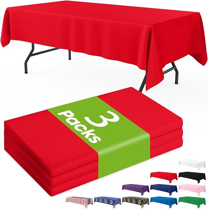 Pureegg Plastic Table Cloth Disposable 3 Pack, 54x108 Inch Rectangular Table Cloth, Leakproof Table Cover for Parties, Picnic, Weddings, Valentines Day, Thanksgiving, Christmas Decorations, Red