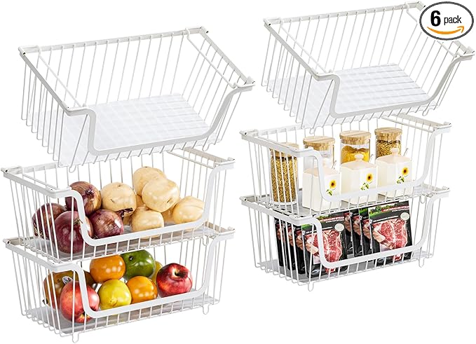 6 Pcs Stackable Wire Baskets for Pantry Organizers and Storage,Vegetable Fruit Basket for Countertop,Kitchen Storage Metal Baskets,Produce Potato Onion Storage Bin,White