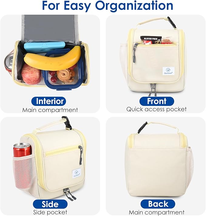Genteen Kids Lunch Box, Insulated Lunch Bag for Kids, Toddler, Girl, and Boy; Holds Lunch Box, Water Bottle, & Snacks; Easy-Clean Water-Resistant Fabric & Multiple Zippered Pockets (Begie)