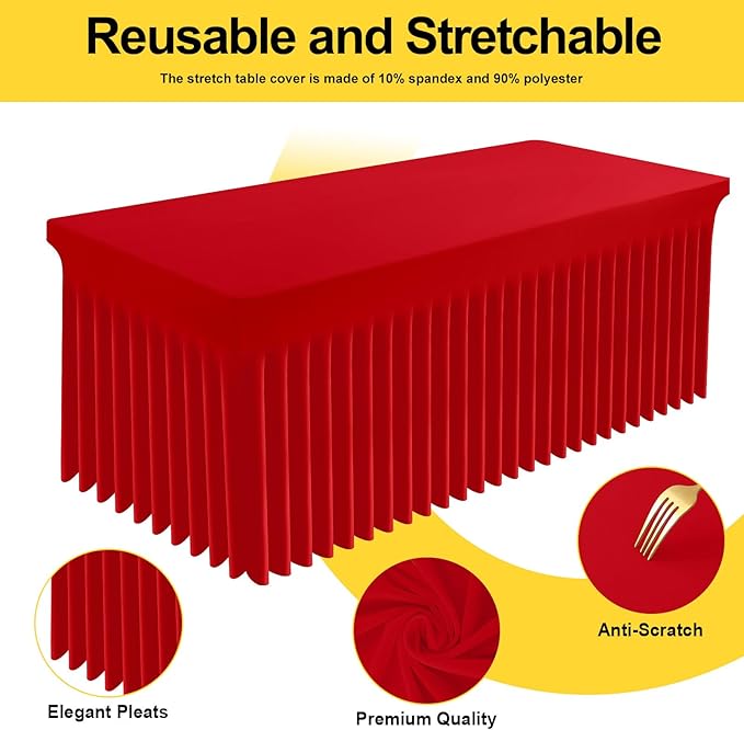 Smiry Spandex Tablecloth 2 Pack, Elastic Fitted Stretch Tablecloth for 8FT Rectangle Tables, Waterproof Washable Table Cover Skirt for Outdoor, Wedding, Banquet & Parties (Red, 96Lx30Wx30H Inch)