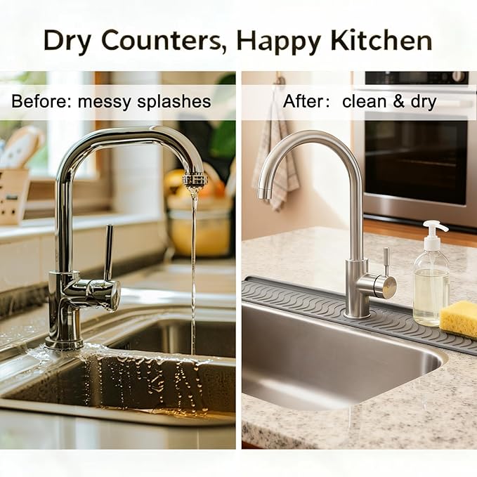 30 Inch Silicone Kitchen Sink Faucet Mat, Adjustable Waterproof Splash Guard Draining Mat Keep Countertops Dry (Gray)