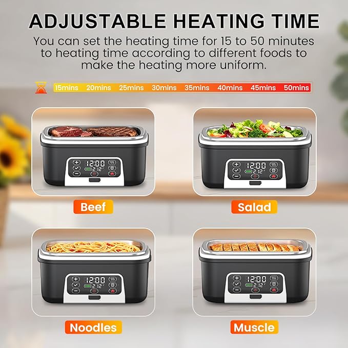 Cordless Electric Heated Lunch Box, XL 6.3Cups Rechargeable Food Warmer Lunch Box with Self Heating, Smart Timer, Adjustable Temperature, Leakproof, BPA Free, Removable Divider Dark Black