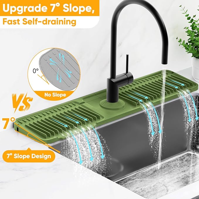 24'' Longer Faucet Mat for Kitchen Sink Splash Guard[7° Slope Fast Self-draining][Snap Lock Fit] Kitchen Sink Faucet Mat Splash Guard Kitchen Sink Area Water Splash Guard Behind Faucet Draining Mat