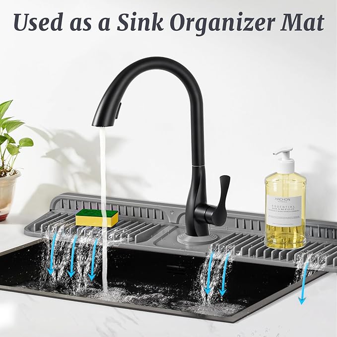 PoYang 24 inch Faucet Mat for Kitchen Sink Splash Guard, 7° Slope Silicone Sink Water Splash Guard for Kitchen Sink Area with Snap Button, Longer Sink Protectors for kitchen Sink Sponge Holder, Grey